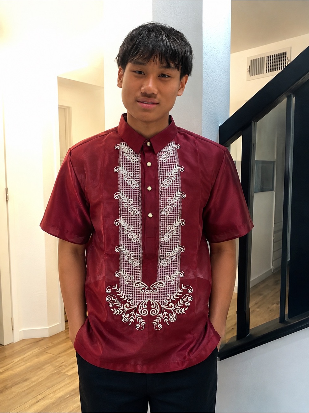 Men's Barong Tagalog Burgundy Embroidered Barong Shirt